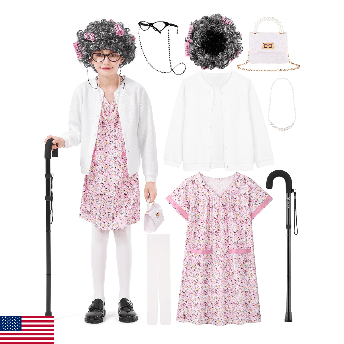 FancyFun 8 Pcs Old Lady Costume for Kids, Girls 100 Days of School Costume Grann - Image 1