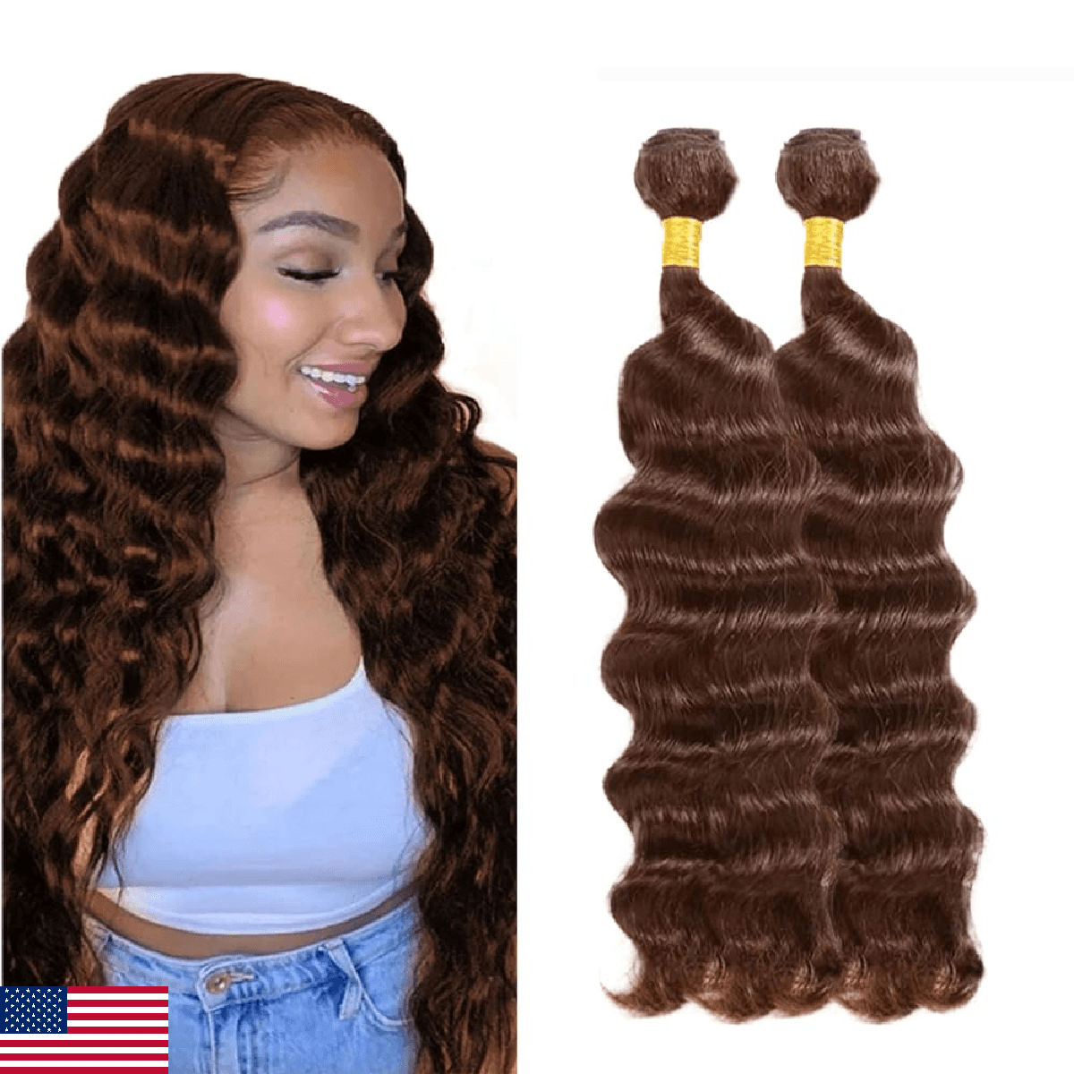 #4 Brown Bundles Human Hair Deep Wave Bundles 16 18 Inch Human Hair Weave 2 Bund - Image 1