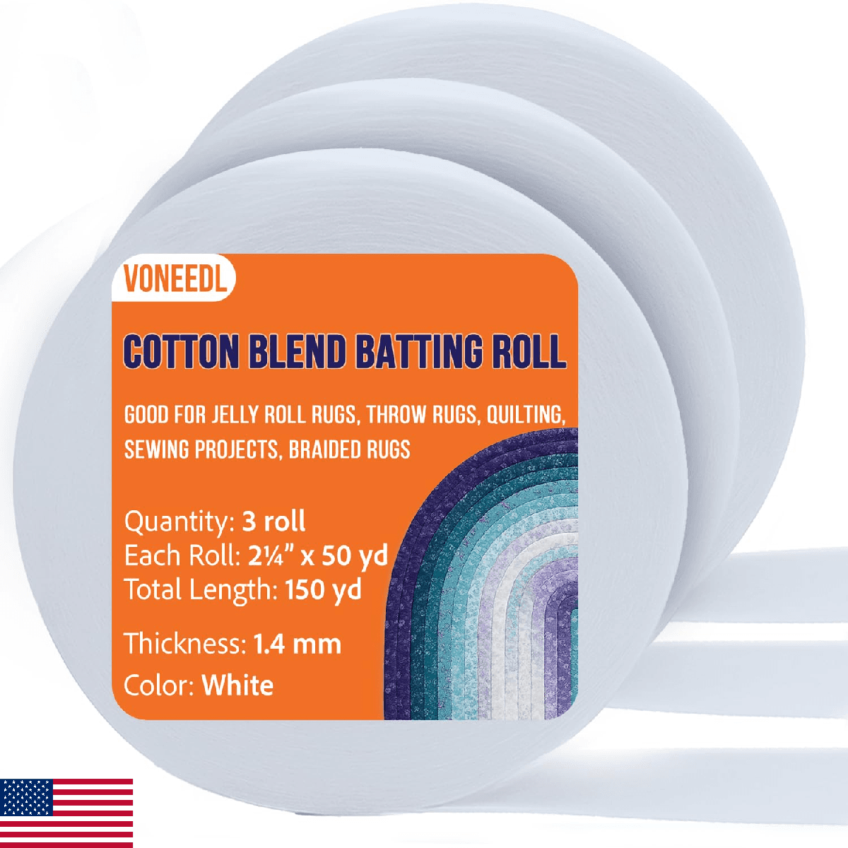 VONEEDL Jelly Roll Batting Strip – 2 1/4 Inch x 150 Yards Cotton Blend Batting R - Image 1
