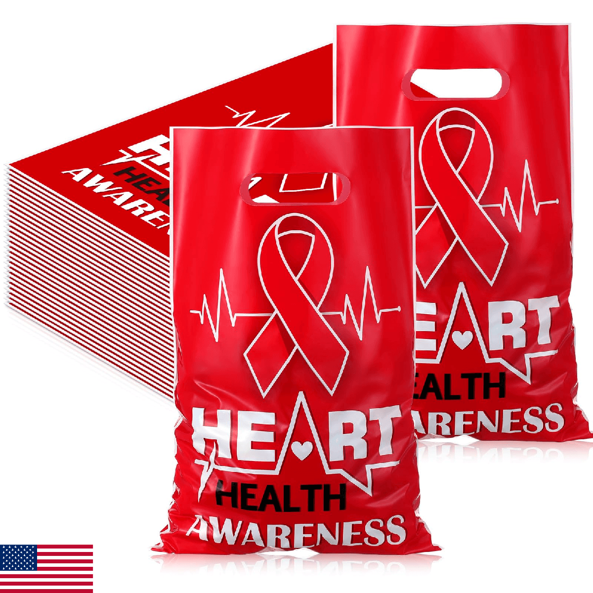 Panelee 100 Pcs Heart Health Awareness Plastic Gift Bags with Handles Red Ribbon - Image 1