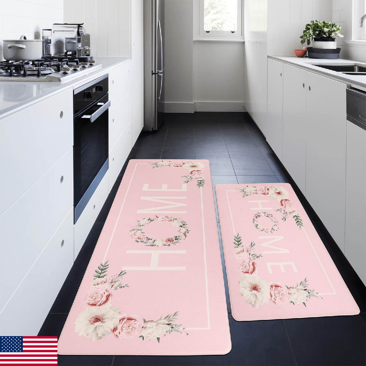 PCSWEET HOME Pink Kitchen Mats for Floor Floral Anti Fatigue Mats for Kitchen Fl - Image 1