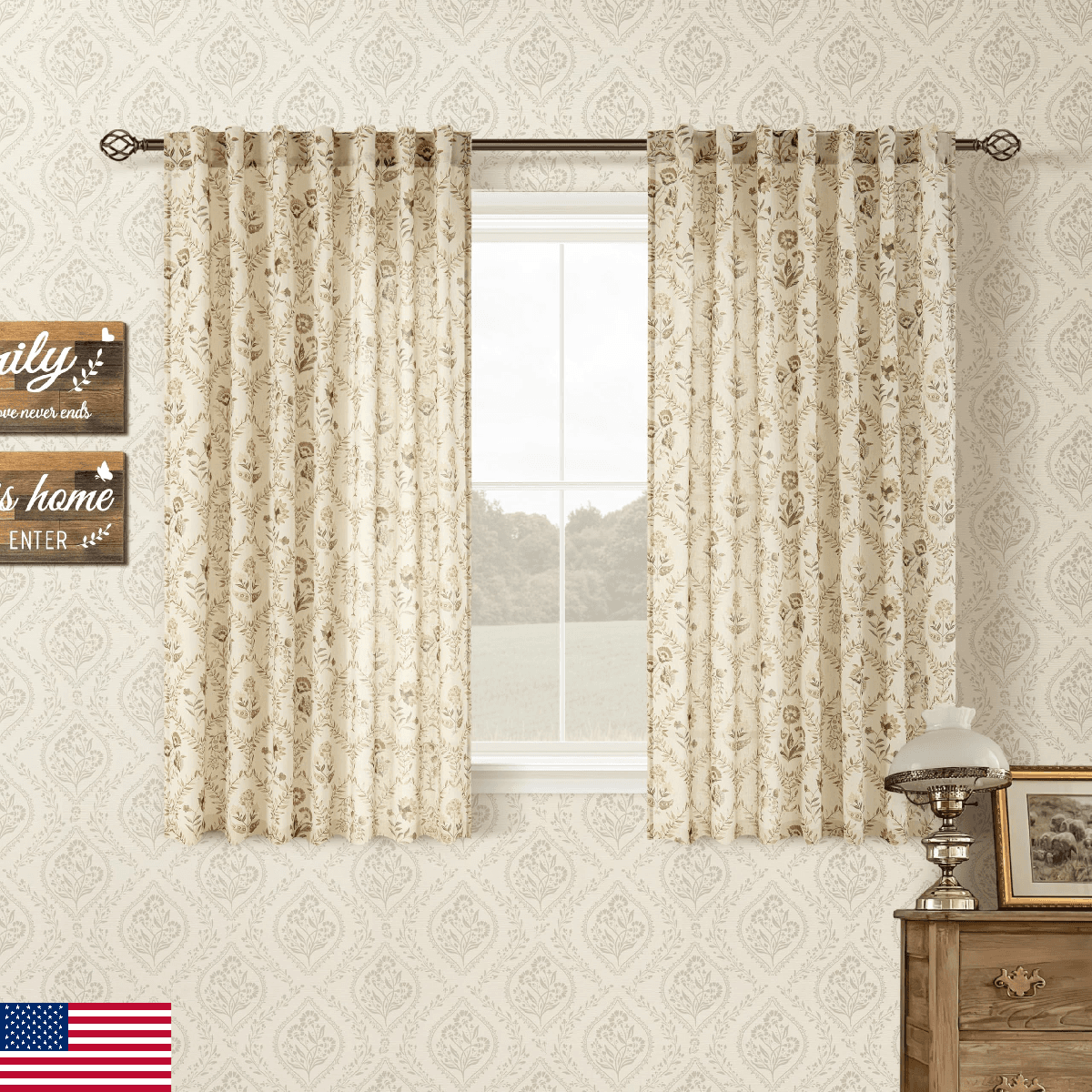 Tan Beige Floral Short Curtains 45 Inch Length for Kitchen Dining Room Back Tab - Image 1