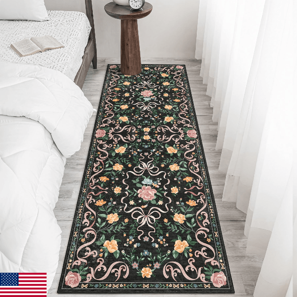 YesRug Washable Non-Slip Runner Rugs 2X6 Black Rug Boho Farmhouse Bow Floral Are - Image 1
