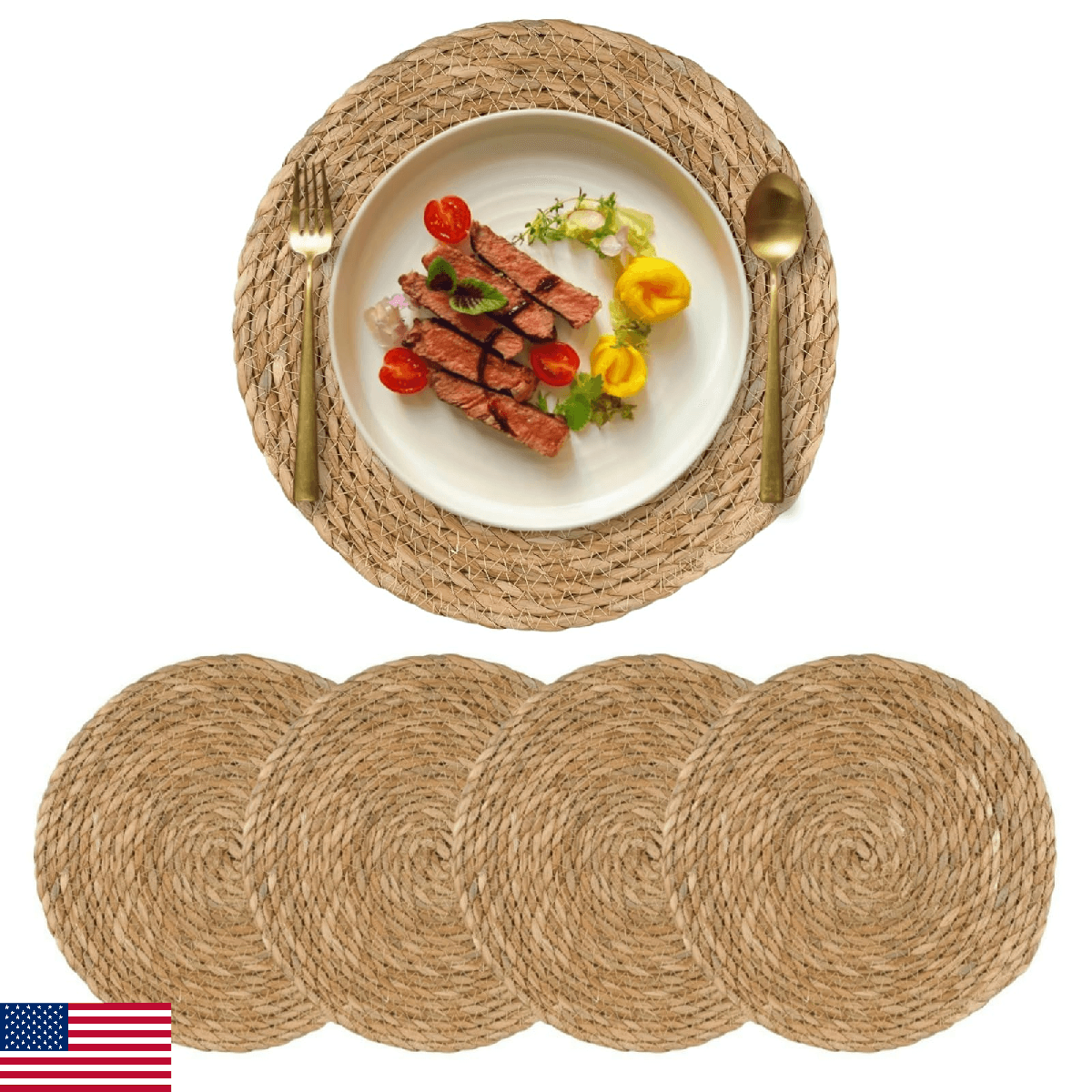 15 inch Round Woven Placemats Set of 4, Boho Rattan Natural Hand-Woven Water Hya - Image 1