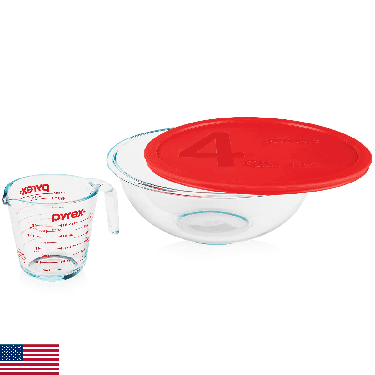 Pyrex Smart Essentials 3-Piece Glass Prep Set, 4-QT Glass Mixing Bowl with lid a - Image 1