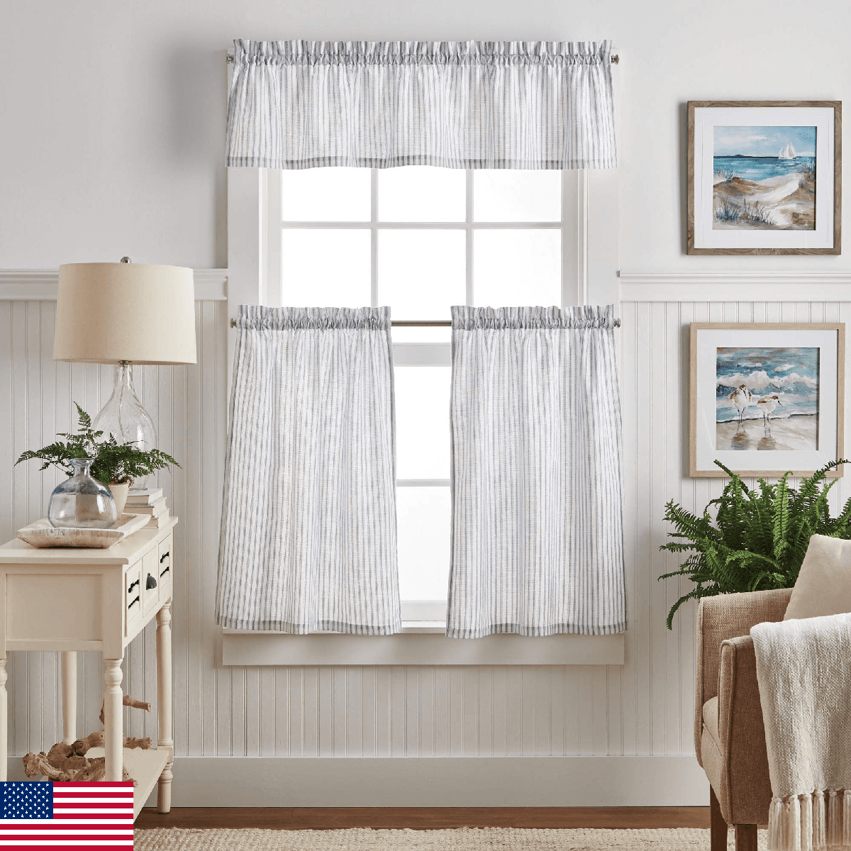 Martha Stewart Ticking Stripe 3-Piece Window Curtain Valance and Tiers Set, Whit - Image 1