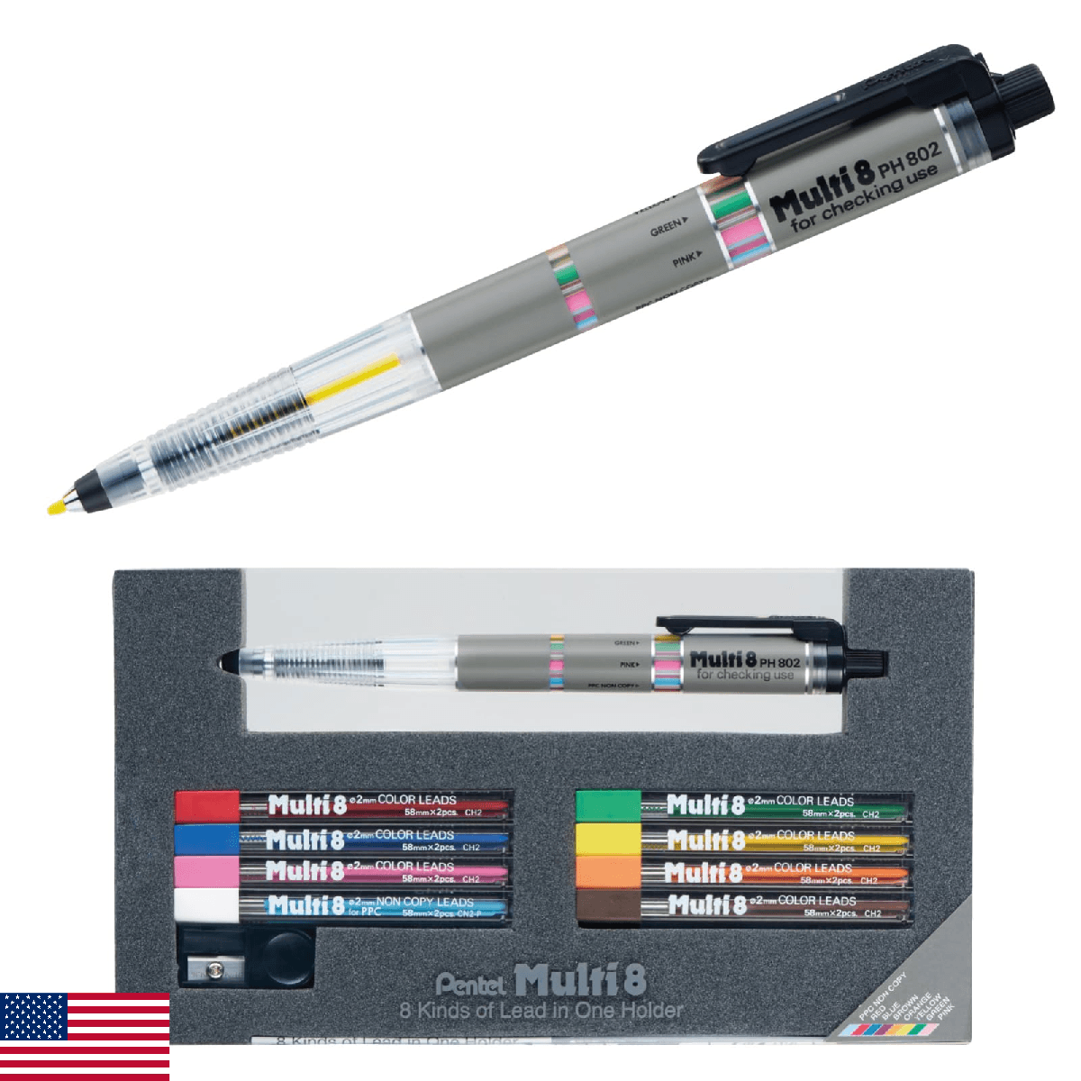 Pentel Pencil Lead Holder and Lead Set, Multi 8 Set (PH802ST) - Image 1