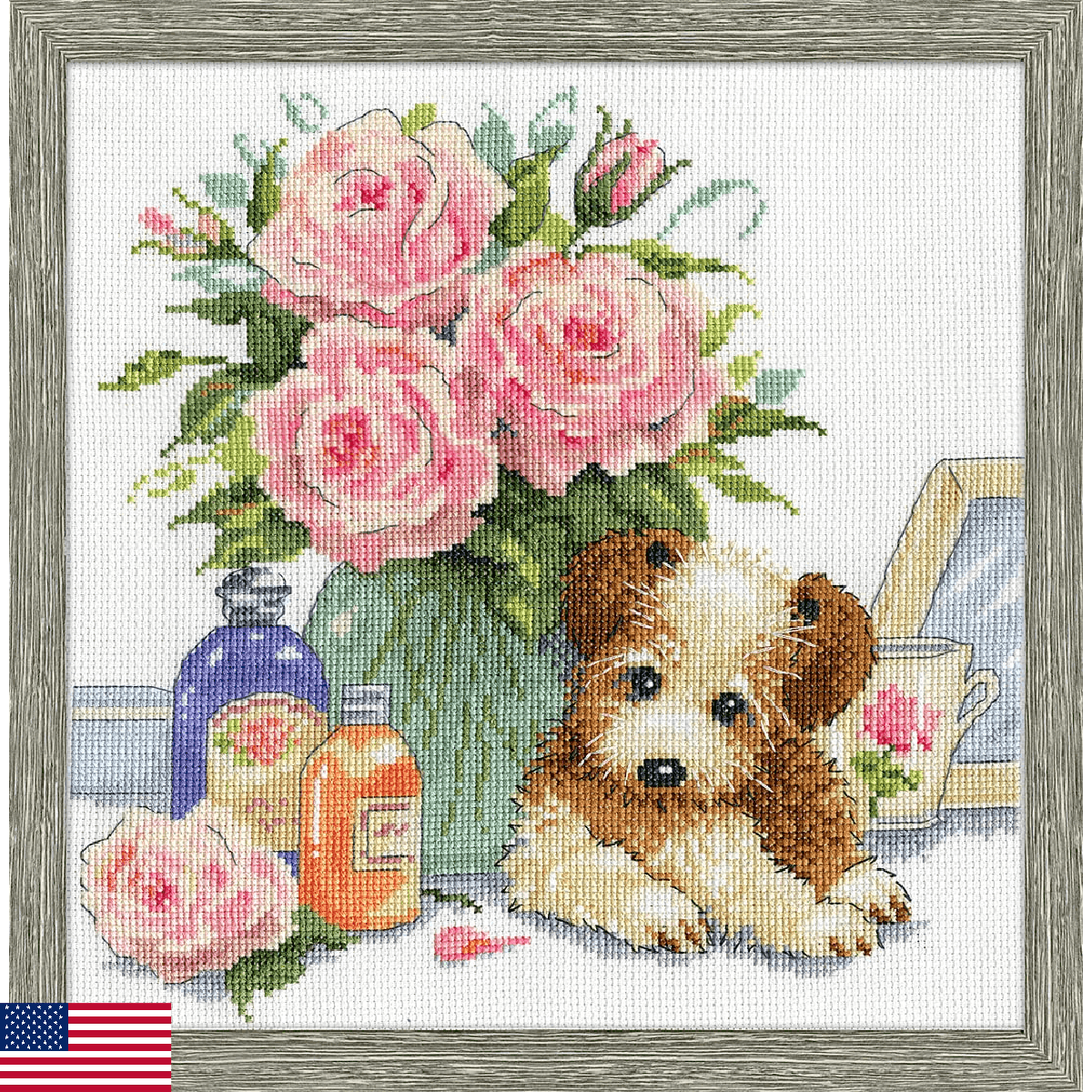 Puppy with Roses Counted Cross Stitch Kit - Image 1