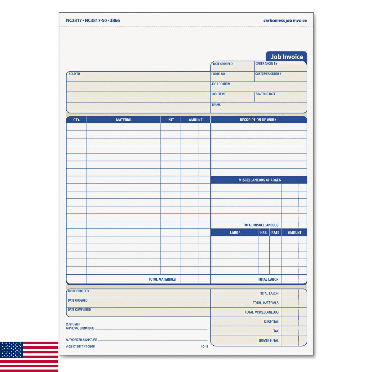 TOPS Job Invoice with Materials List, 3-Part, Carbonless, 8.5 x 11 Inches, 50 Se - Image 1