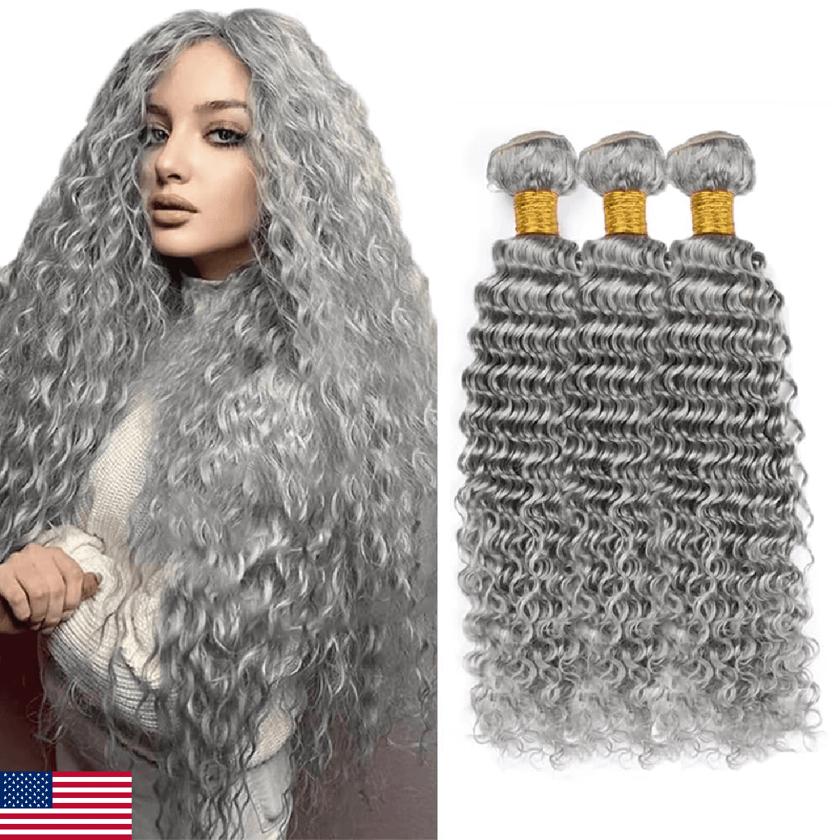 Condensation Brazilian Human Hair Bundles Sliver Grey 12 14 16 Inch Deep Wave 3 - Image 1