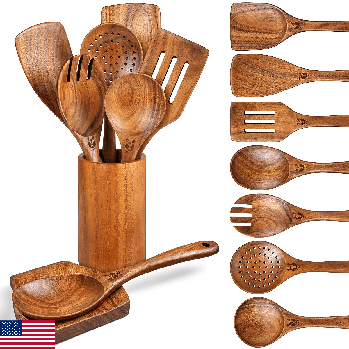Wooden Spoons for Cooking, 9 Pcs Natural Teak Wooden Utensil Set with Spoon Rest - Image 1