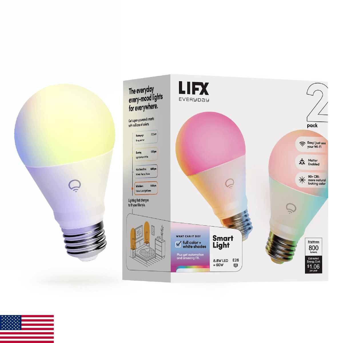 LIFX Everyday A19 Smart Light Bulbs 2 Pack, 800 Lumens RGB Color Changing LED Bu - Image 1