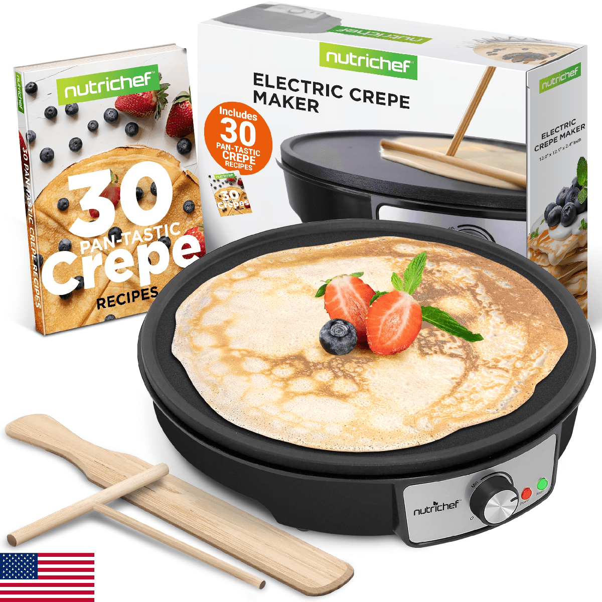 nutrichef Electric Crepe Maker Pan & Griddle, 12 Inch Nonstick Cooktop, LED Indi - Image 1