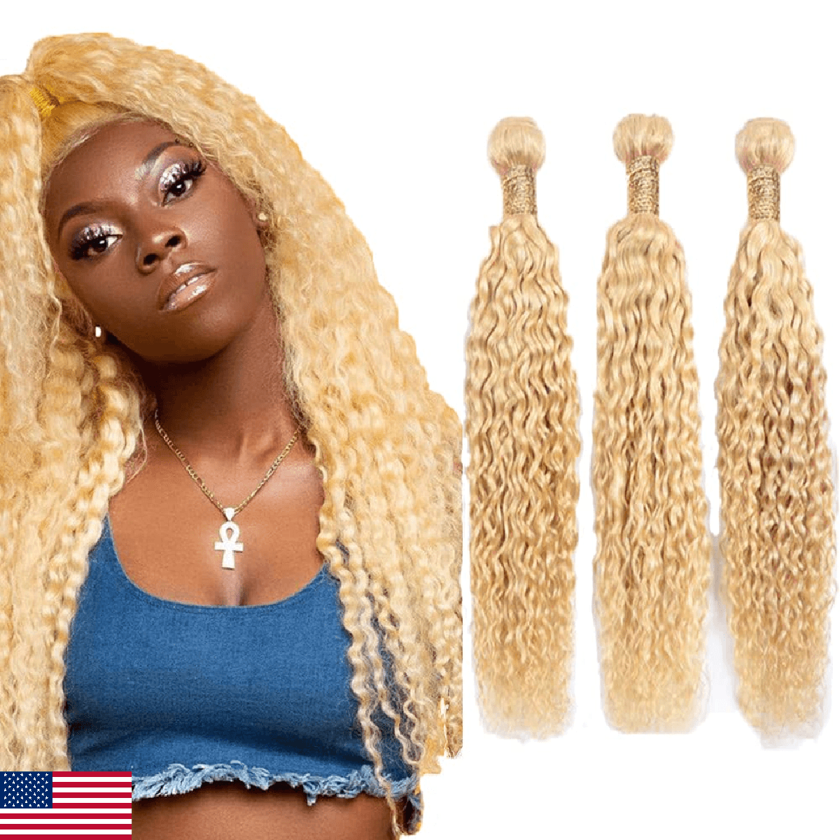 AuokMar Blonde Bundles Human Hair 613 Kinky Curly 3 Bundles 18 20 22 inch Brazil - Image 1