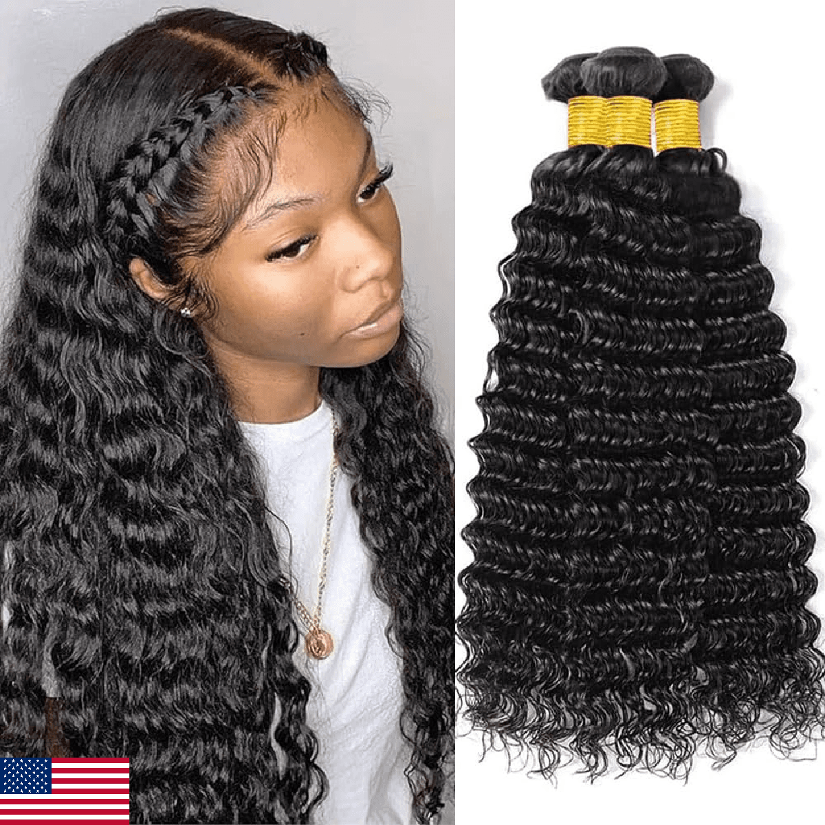 10 12 14 Inch Deep Wave Human Hair Bundles 3 Pack 100% Unprocessed Brazilian Dee - Image 1