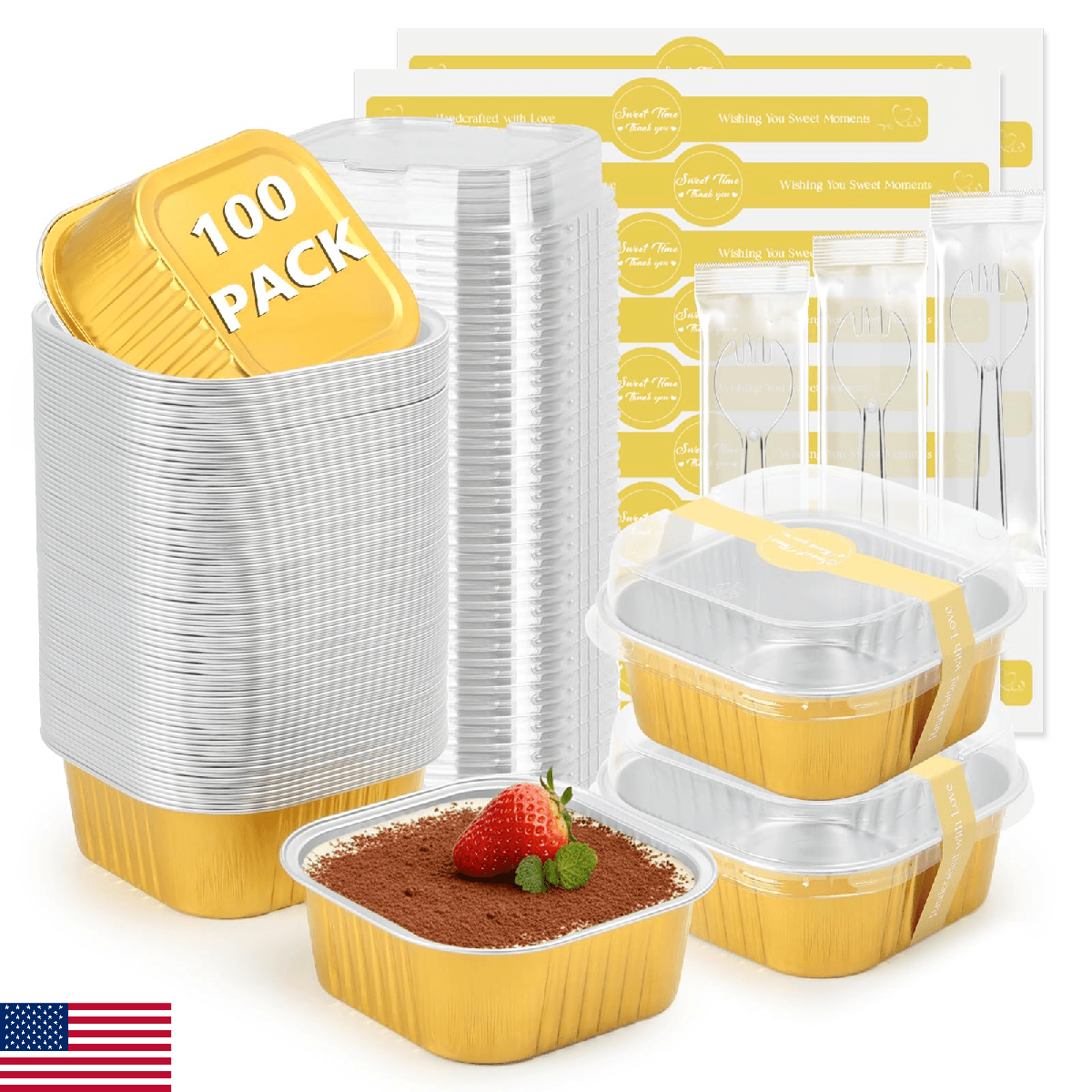 Ruckae 10oz 100 Pcs Square Mini Loaf Pans with Lids-Disposable Foil Dessert Cont - Image 1