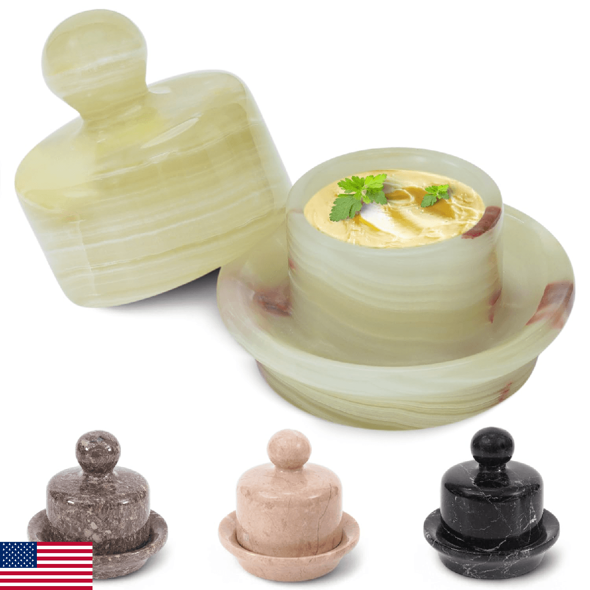 Mini Marble Butter Dish 4 Inch Green Onyx Butter Crock with Lid, Spreadable Butt - Image 1