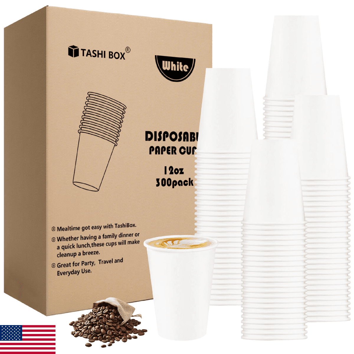 TashiBox 300 Count 12 oz Disposable Paper Coffee Cups - White Paper Cups for Par - Image 1
