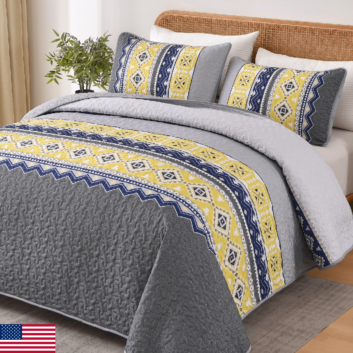 WONGS BEDDING 3 Pieces Quilt Set King Size, Grey Yellow Quilt Bedspread Lightwei - Image 1