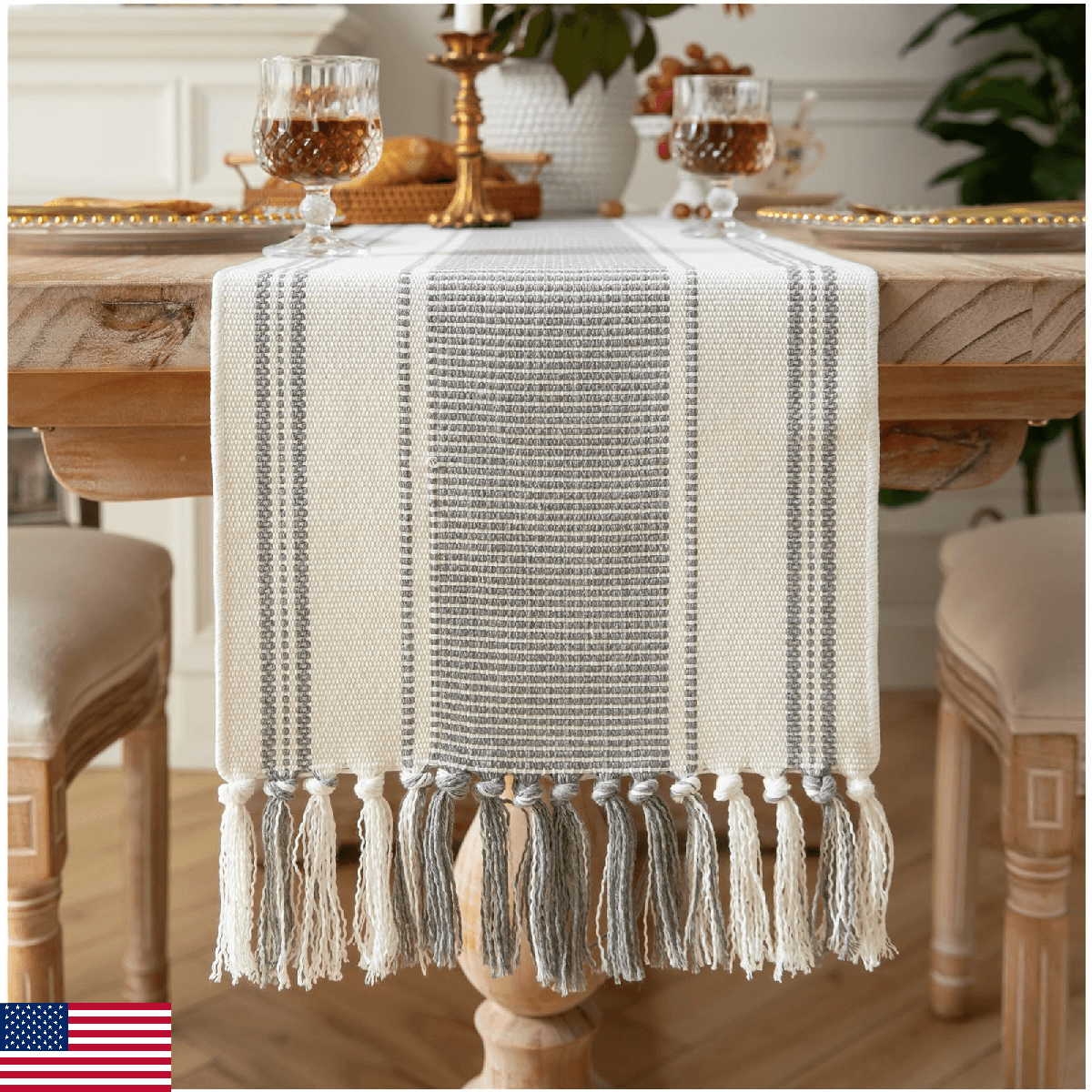Caflife Boho Table Runner Grey Stripe for Modern Farmhouse Coffee Table Decor, R - Image 1