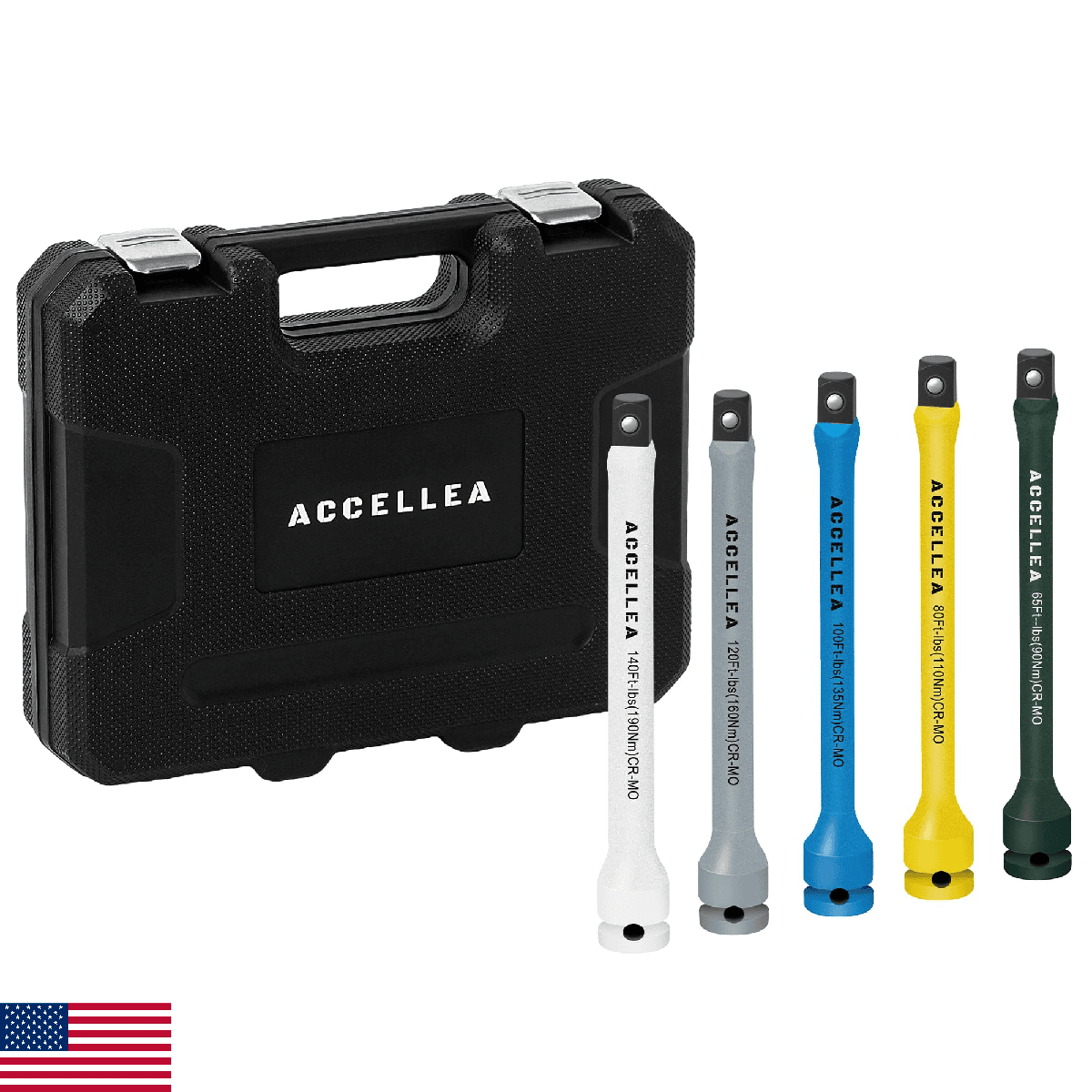 ACCELLEA 5-Piece Torque Limiting Extension Bar Set, 1/2" Drive, 8" Long, 65-140 - Image 1