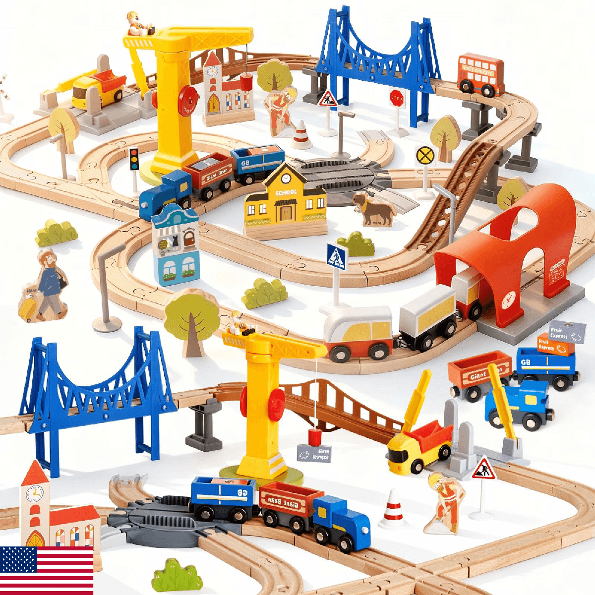 94pcs Wooden Train Set, Modern City Adventure Railway Track for Kids with Bridge - Image 1