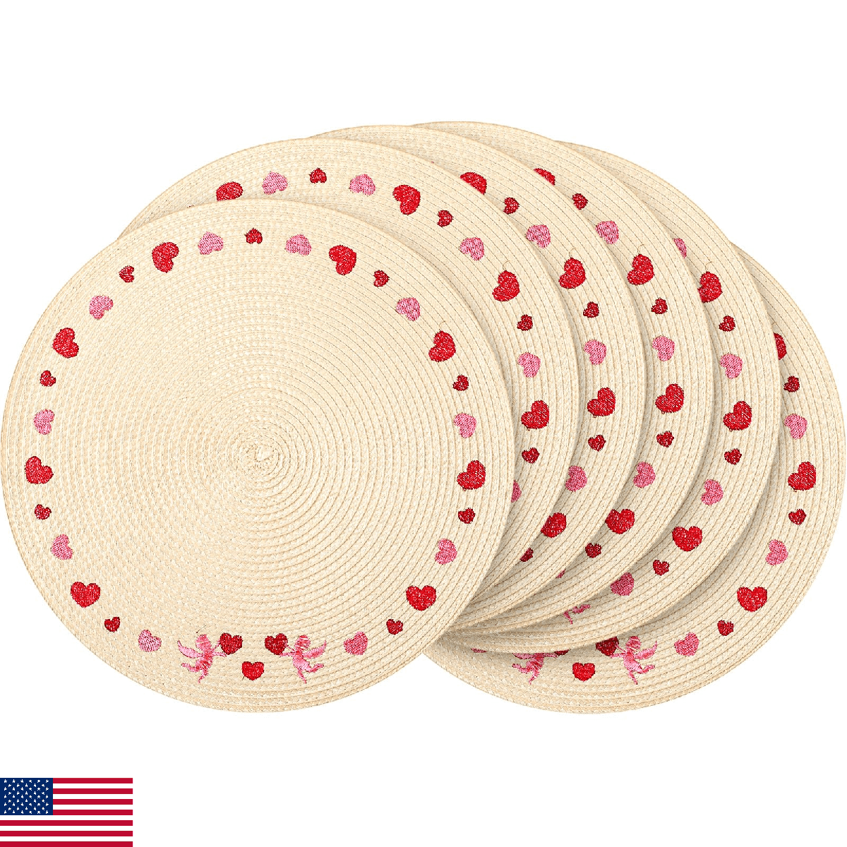 Remerry Valentine's Day Placemats Set of 6 Heart Embroidered Round Placemats Rou - Image 1