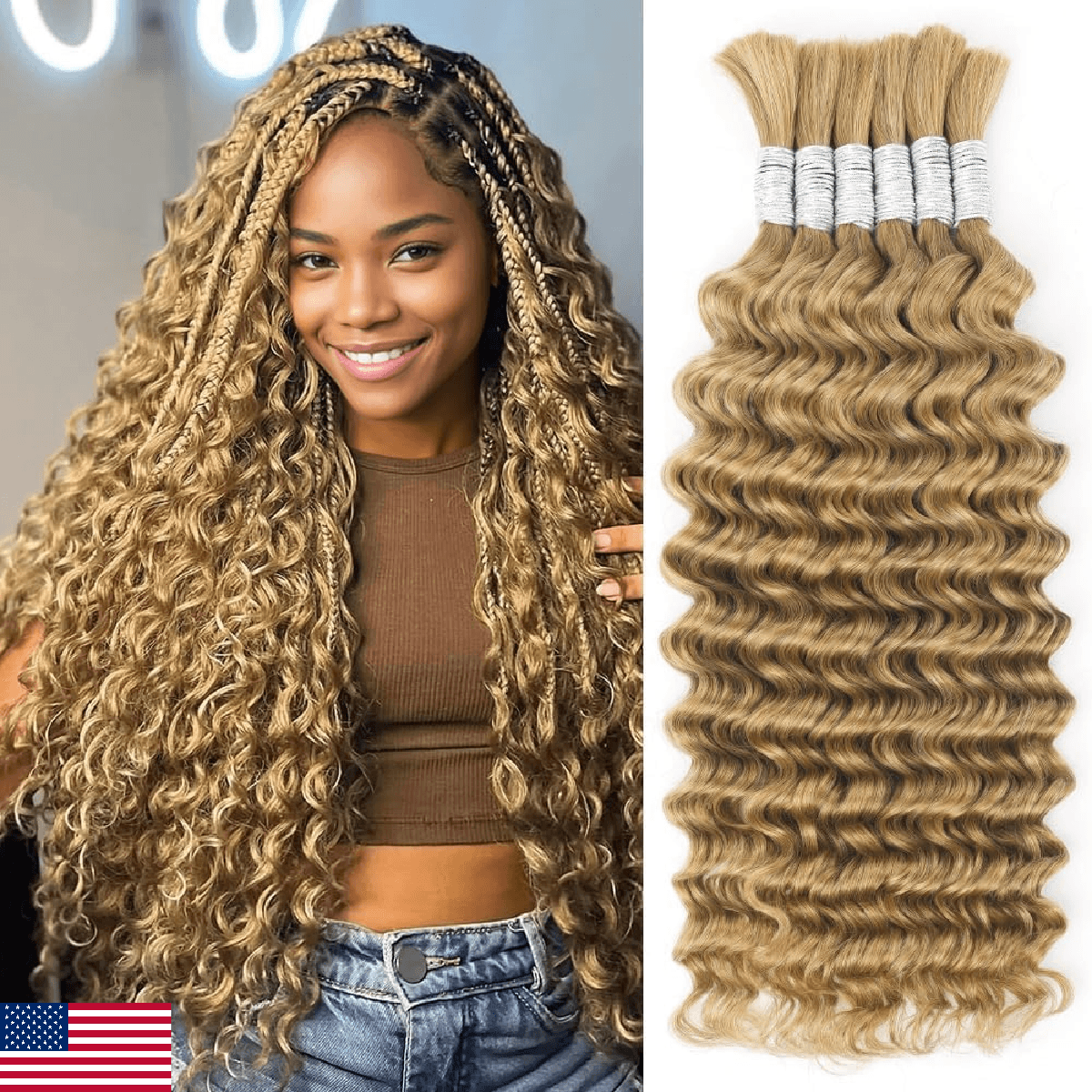 Braiding Hair for Boho Braids Deep Wave Human Hair 150g 14 Inch Curly Honey Blon - Image 1