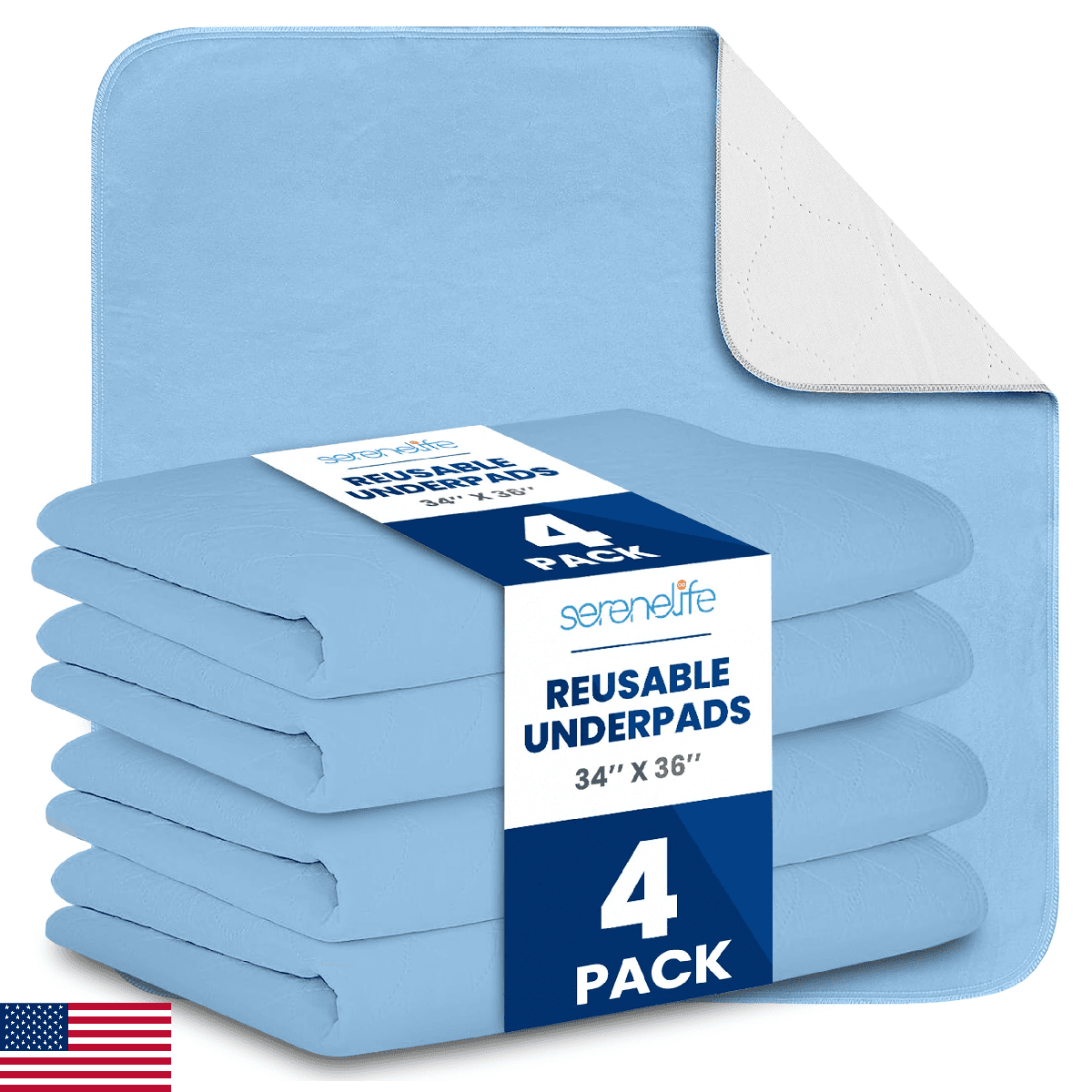 Serenelife Reusable Underpads 4-Pack Blue Incontinence Bed Pads 34 x 36 IN - For - Image 1