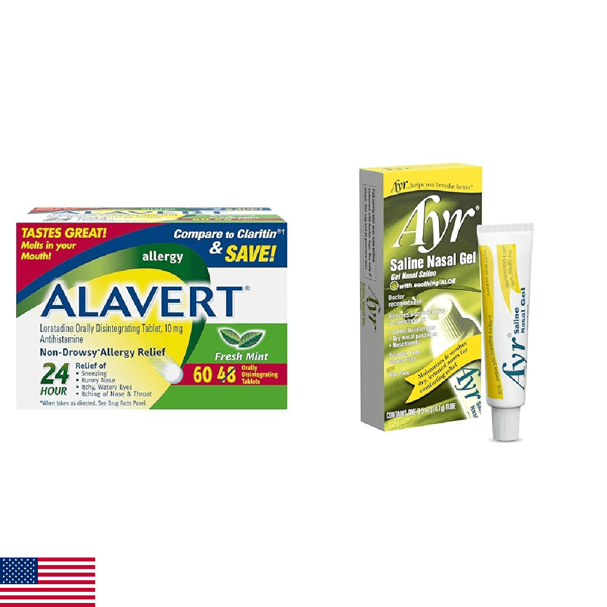 Alavert Allergy 24 Hour 60 Count Ayr Saline Nasal Gel 0.5 Ounce Allergy Relief B - Image 1