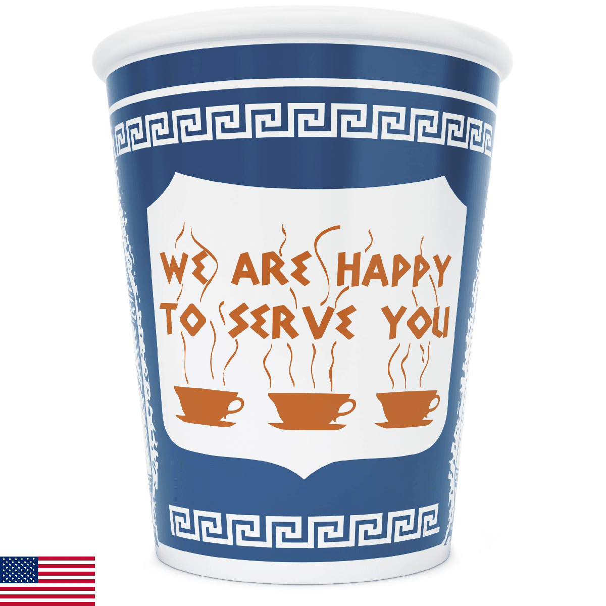 ExceptionLab 10 oz Ceramic NYC Greek Coffee Cup "We are Happy to Serve You" - Image 1