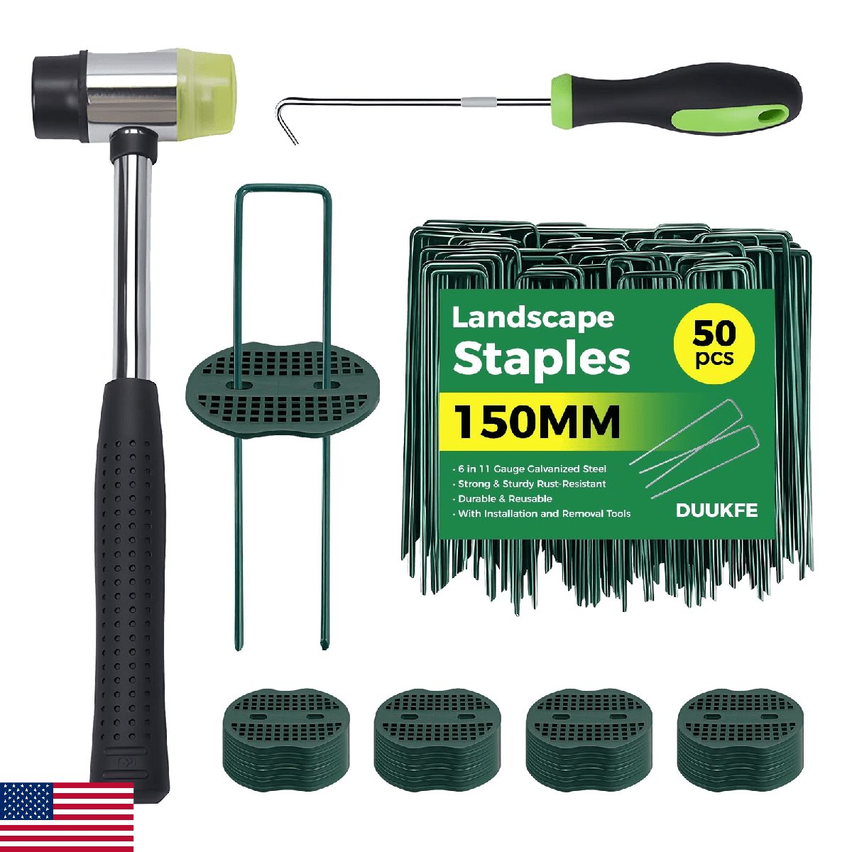 50Pcs Garden Staples +50Pcs Gasket +Pick Hook +Rubber Mallet, 6 Inch Landscape F - Image 1