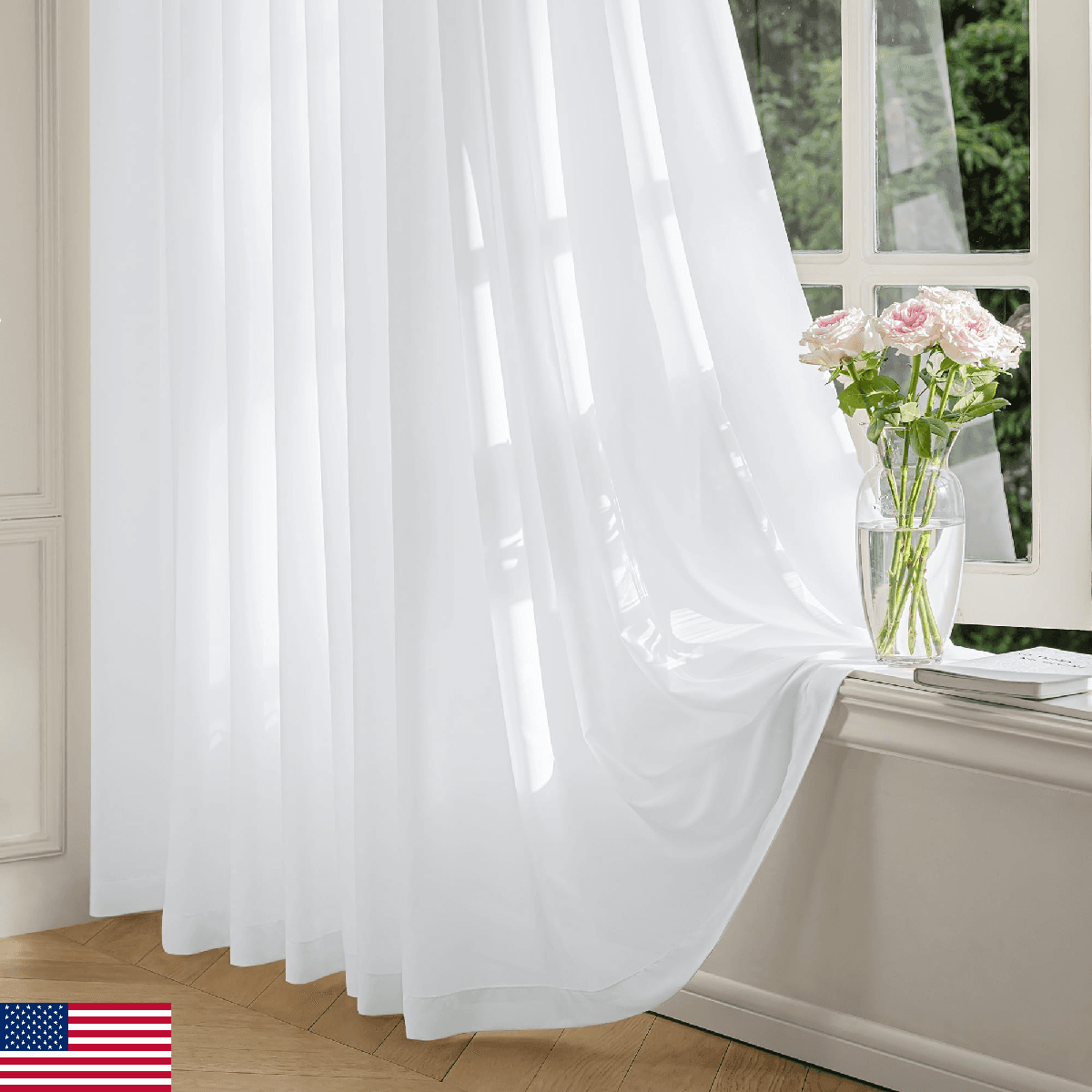 FMFUNCTEX Sheer Non-See-Through White Curtains for Bedroom, Faux Silk That Let L - Image 1