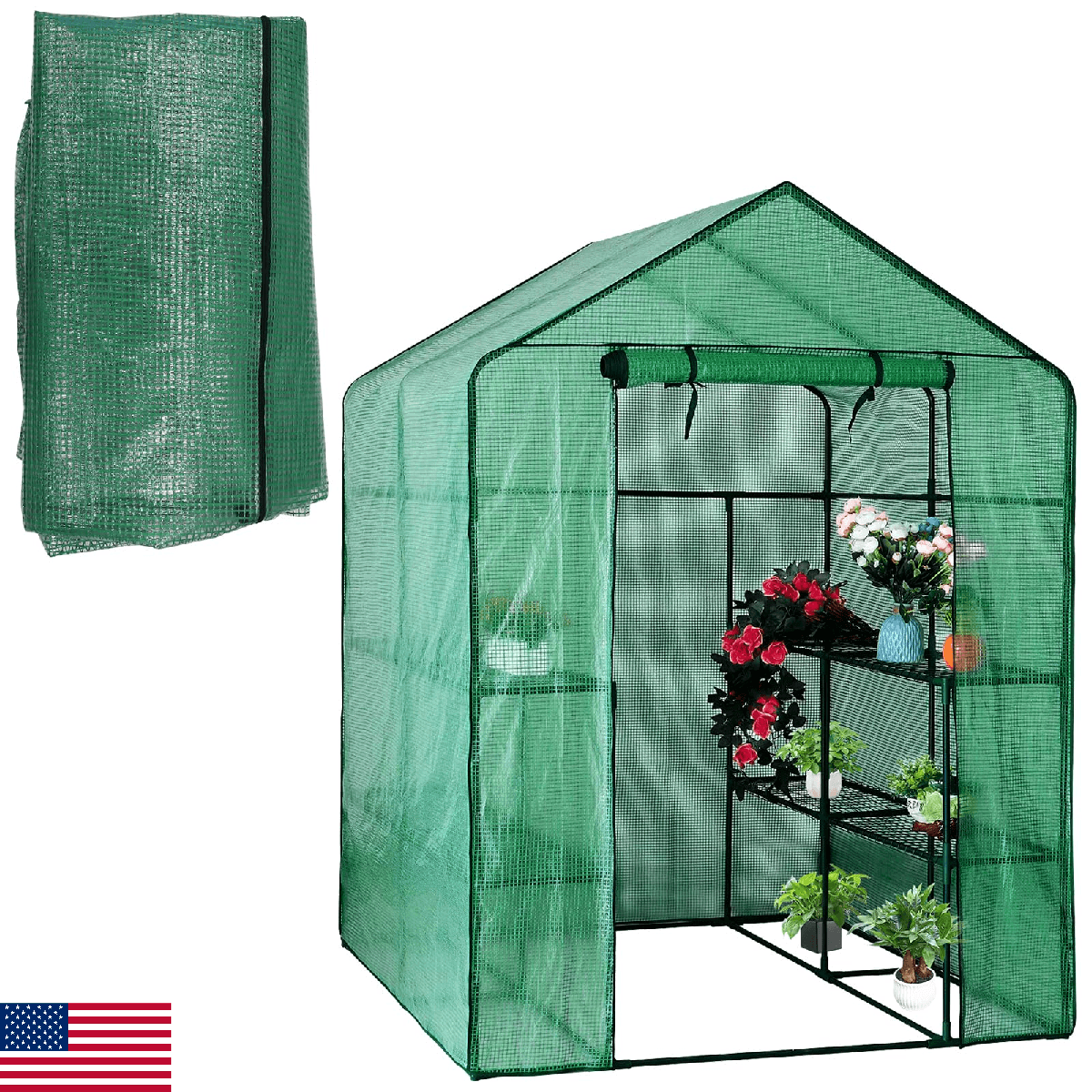 Walk-in Greenhouse Replacement Cover with Roll-Up Zipper Door, 56×56×76 inch PE - Image 1