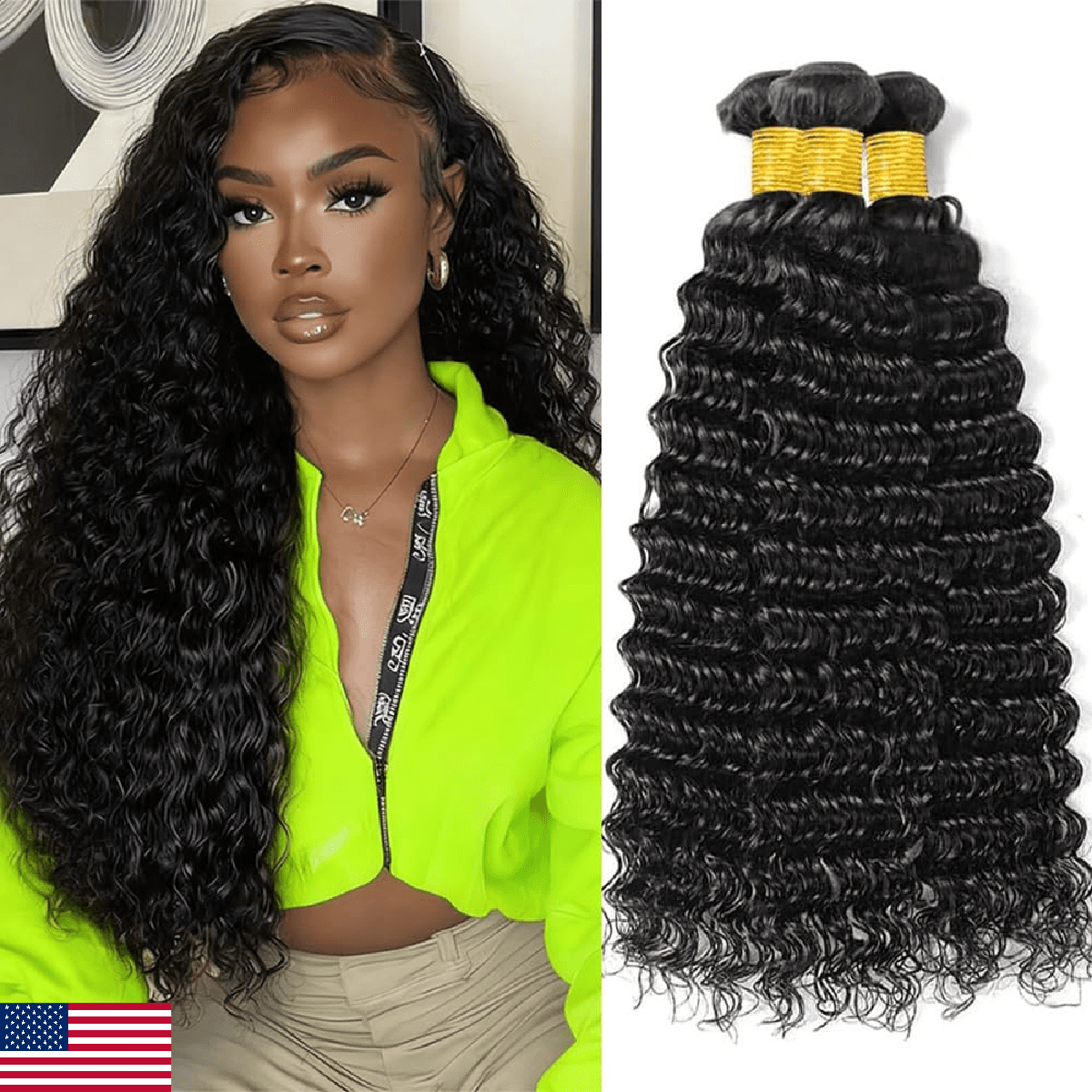Deep Wave Human Hair Bundles 12 14 16 Inch 3 Pack 100% Unprocessed Brazilian Dee - Image 1