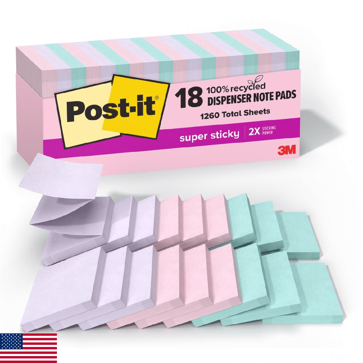 Post-it 100% Recycled Paper Super Sticky Pop-up Notes, 18 Sticky Note Pads, 3 in - Image 1