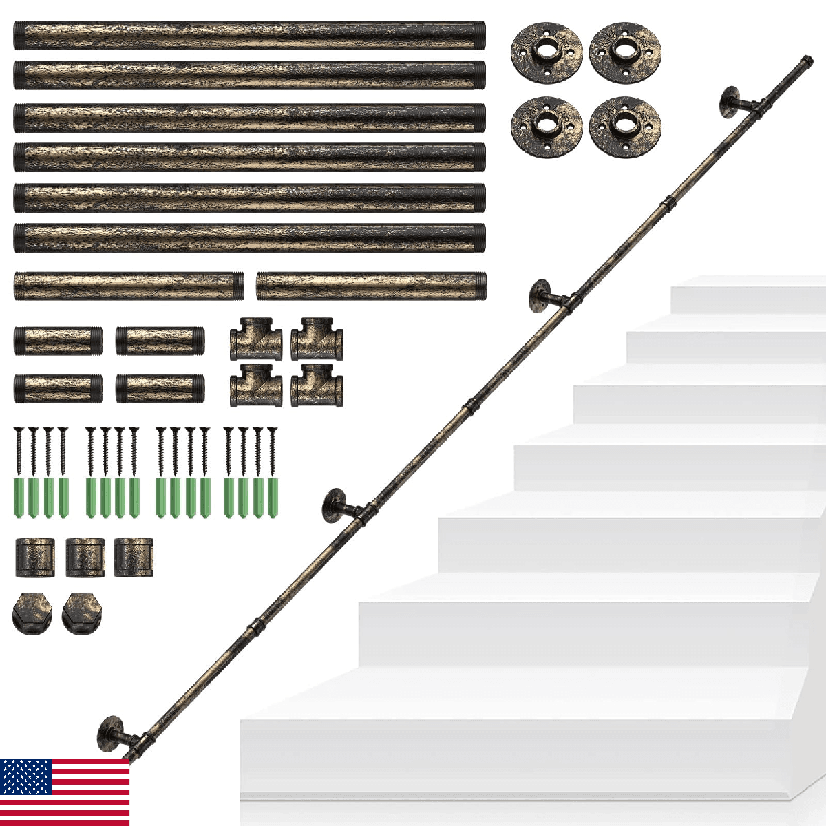 Tanice Indoor Handrail for Stairs, 3M Handrails for Stairs, Bronze Industrial Pi - Image 1