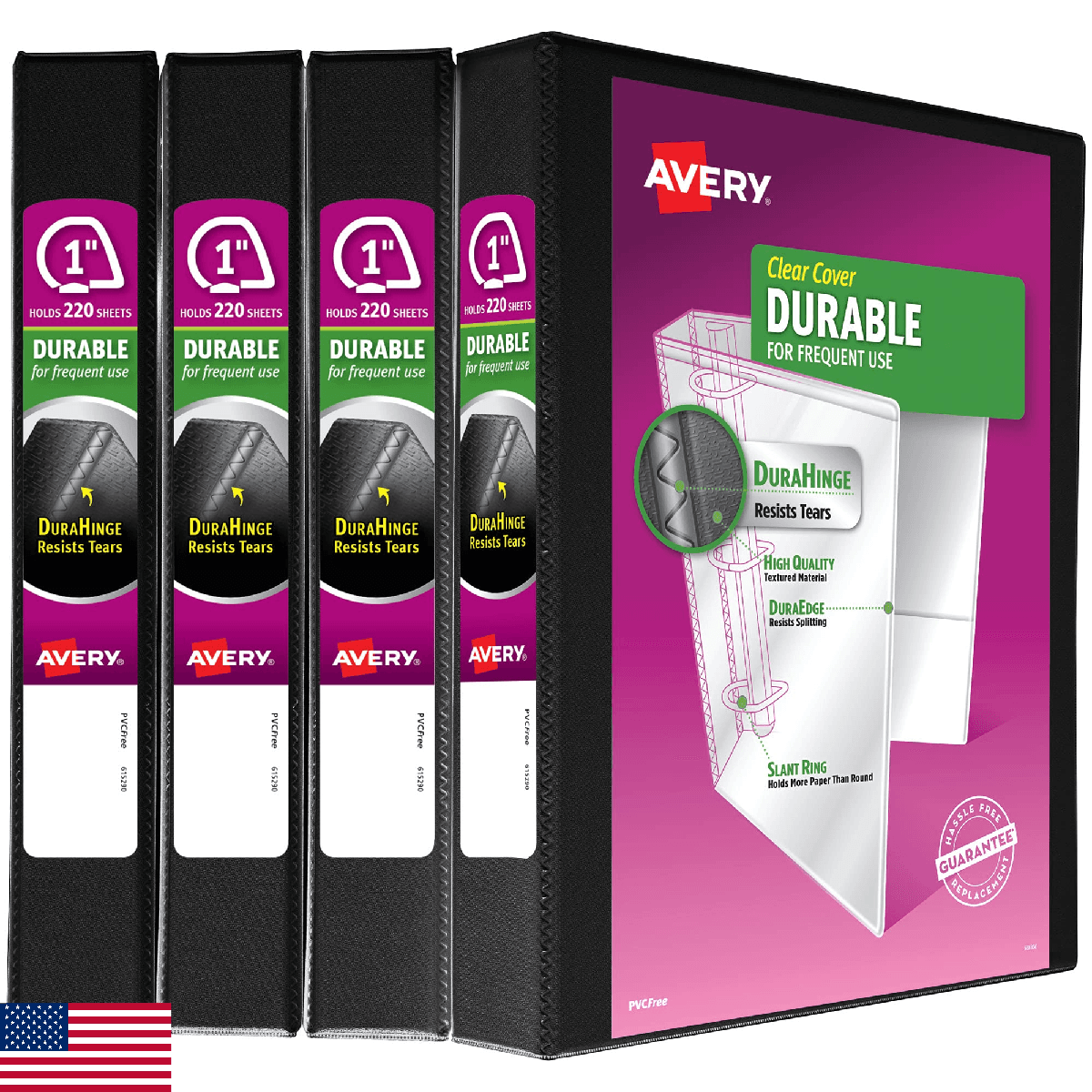 Avery Durable View 3 Ring Binder, 1 Inch Slant Rings, 4 Black Binders (05737) - Image 1