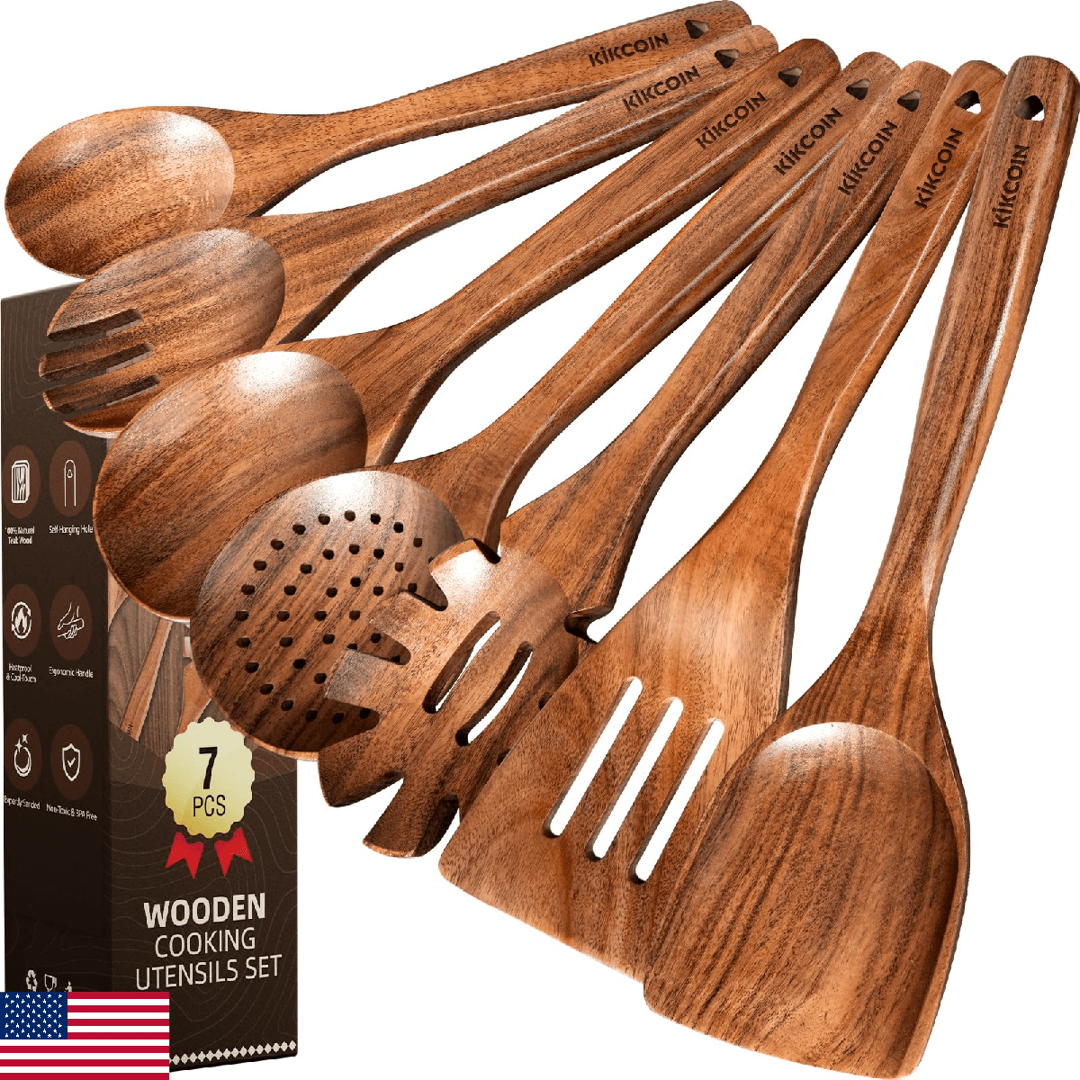 Kikcoin Wood Kitchen Utensils Set, 7 PCS Solid Teak Wooden Spoons for Cooking wi - Image 1