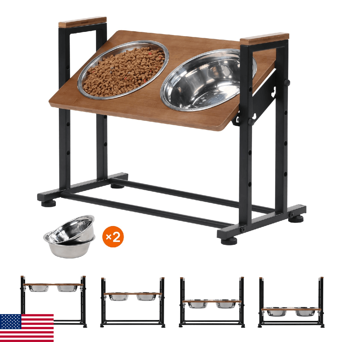 Adjustable Height Pet Feeder Stand with 2 Dishwasher-Safe Stainless Steel Bowls - Image 1