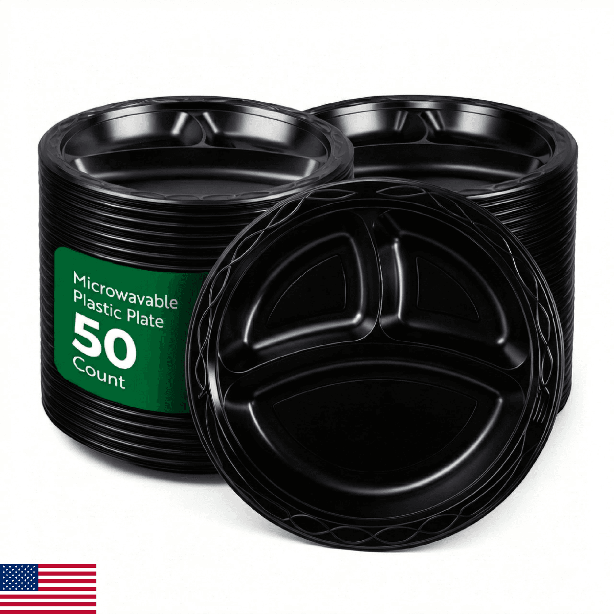 RW Base 10.4 Inch Microwavable Food Plates, 50 Round Plastic Plates - 3 Compartm - Image 1