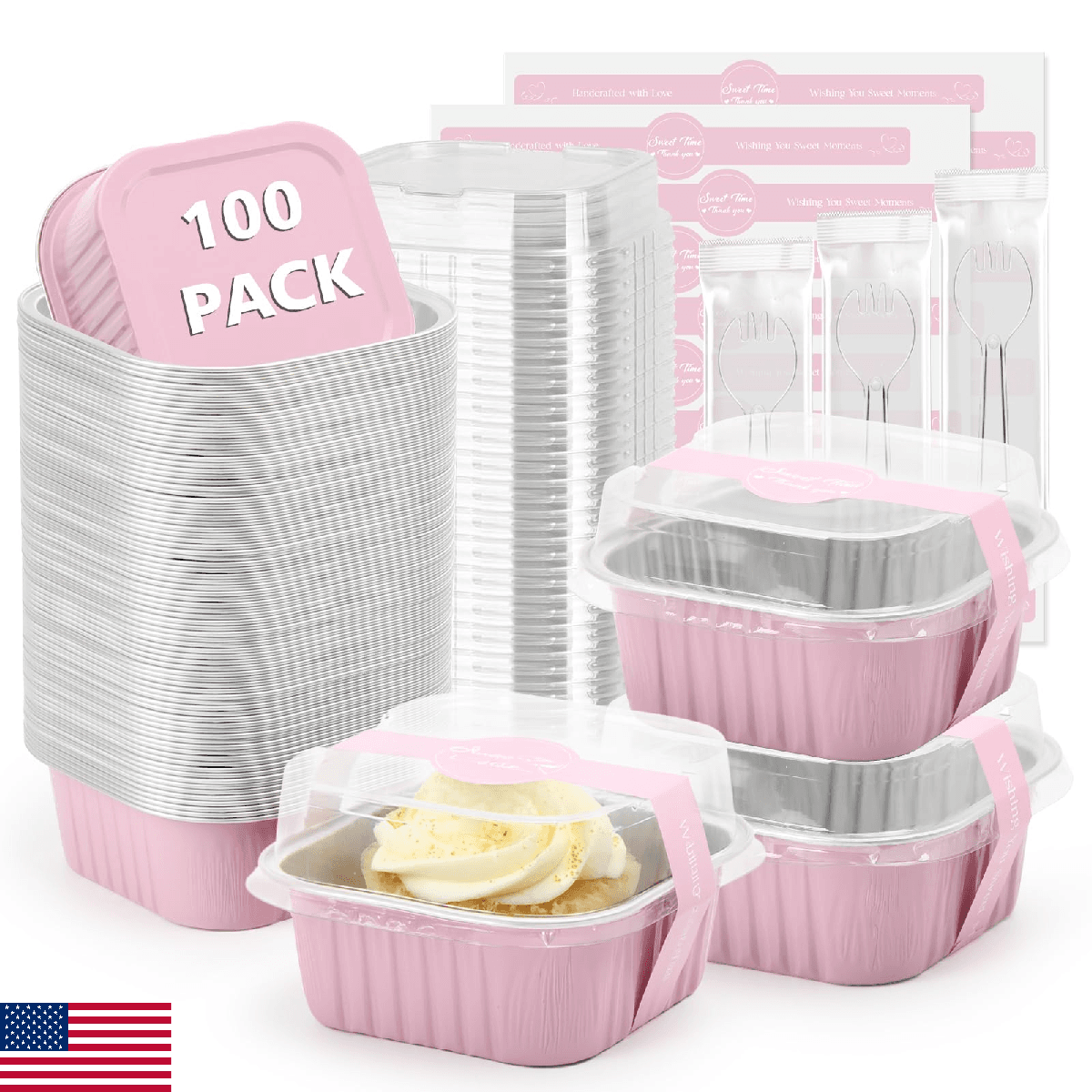 Ruckae 5oz 100 Pcs Square Mini Loaf Pans with Lids-Disposable Foil Dessert Conta - Image 1