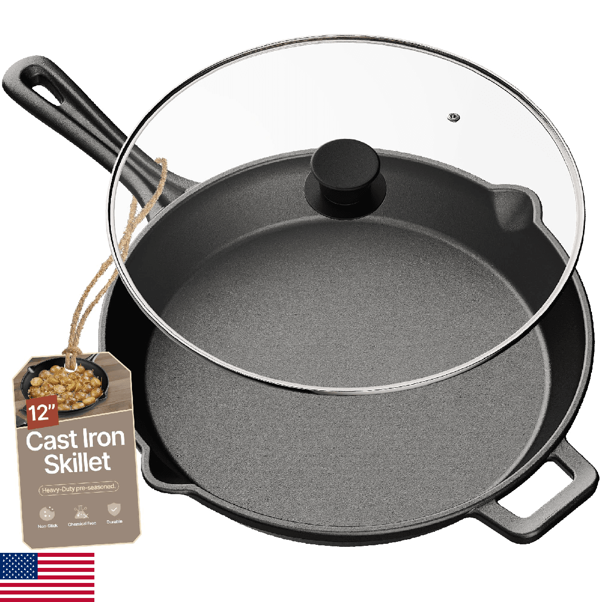 Bakken Pre Seasoned Cast Iron Skillet with Glass Lid & Silicone Handle,12" Fryin - Image 1