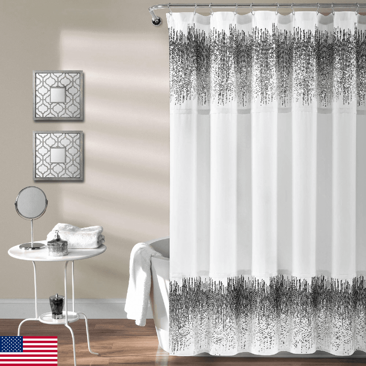 Lush Decor Shimmer Sequins Shower Curtain White & Black 72" x 70" - Image 1