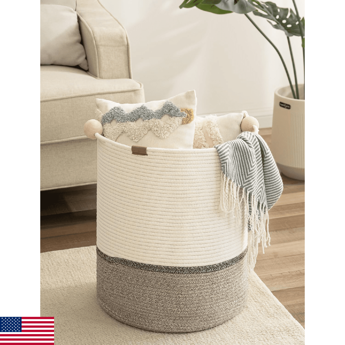 StorageWorks 58L Cotton Rope Laundry Basket with Wooden Beads Handles, Woven Bas - Image 1