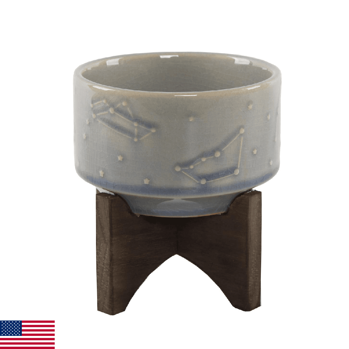 Flora Bunda 4 Inch Constellation Ceramic Pot on Wood Stand Mid Century,Glass Blu - Image 1