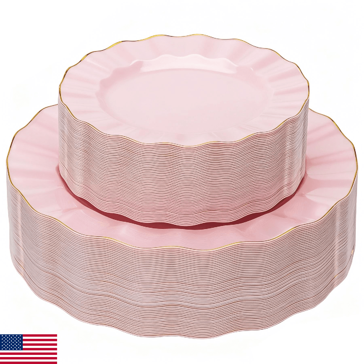 QualQuot 120PCS Pink Plastic Plates Heavy Duty Disposable Party Plates Gold Rim - Image 1