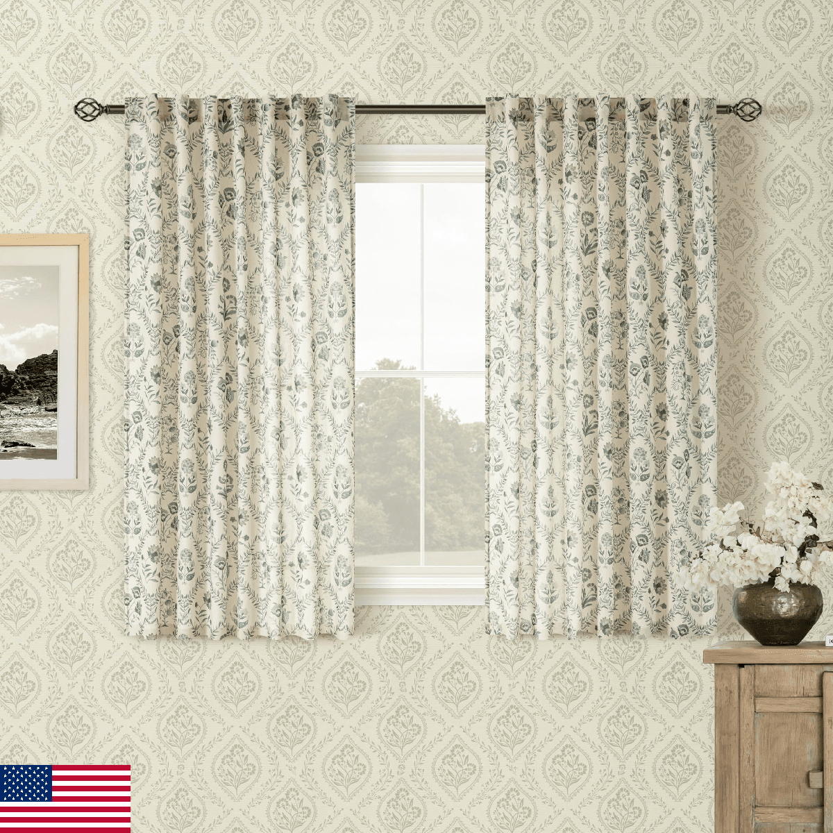 Sage Green Floral Short Curtains 45 Inch Length for Kitchen Dining Room Back Tab - Image 1