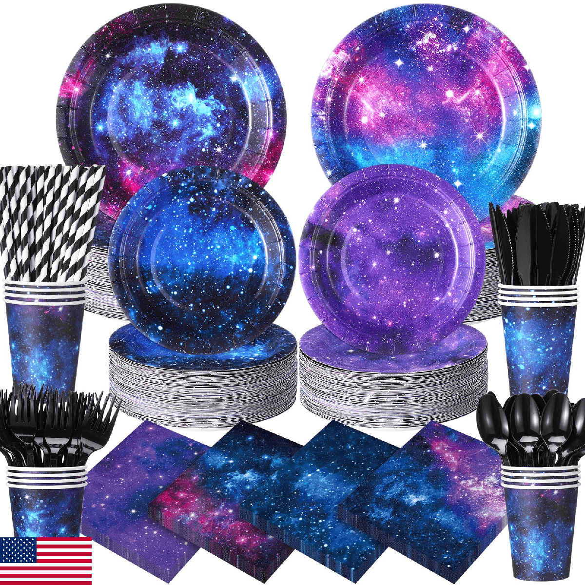 Widecook 450 Pcs Space Galaxy Tableware Set Decorations, Starry Sky Paper Plates - Image 1