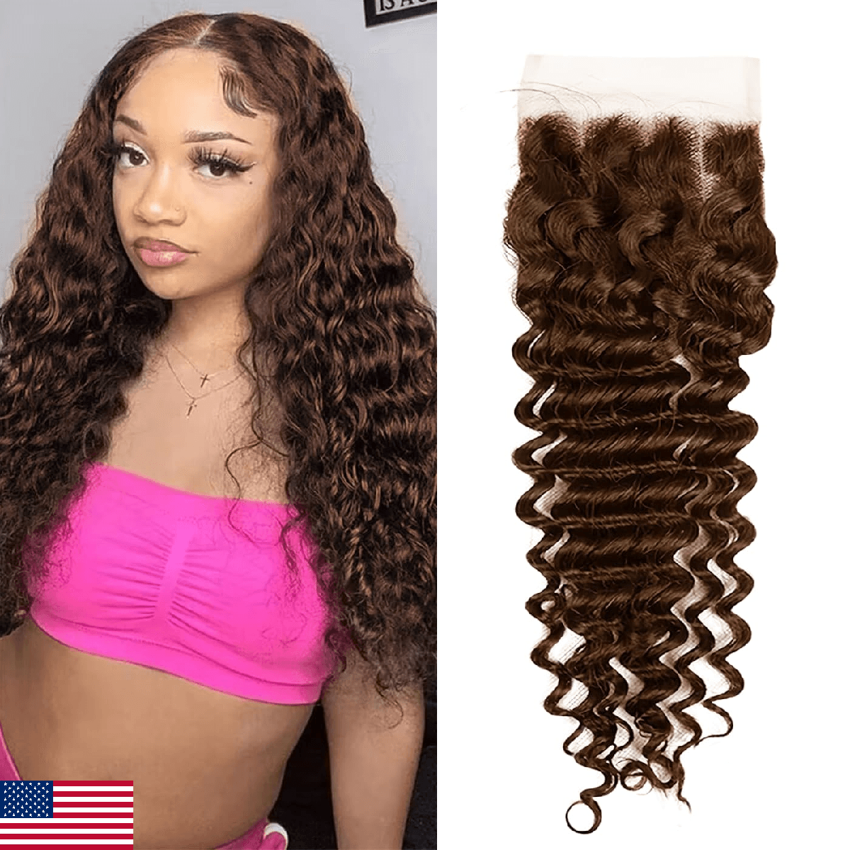 Chocolate Brown 4x4 Deep Wave Lace Closure Free Part 12a Brazilian Virgin Remy H - Image 1
